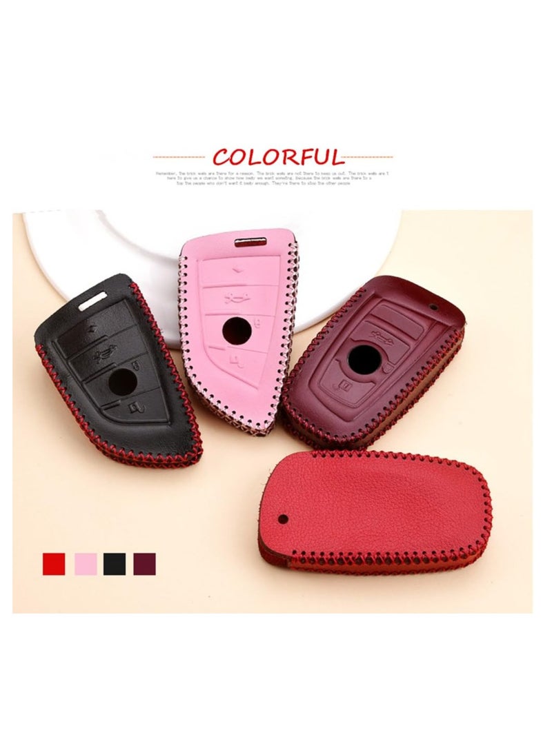 BMW Genuine Leather Key Case cover Shell For BMW 3-Button Keyless Entry Remote Control Smart Car Key Protection Fob Skin cover Etui with Braided Key Chain & Key Rings (Pink) - Image 3